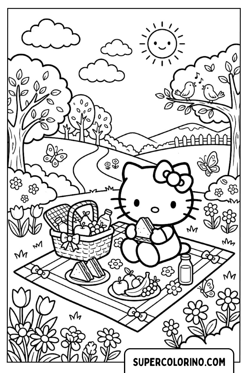 Kleurplaat van Hello Kitty tijdens een picknick in de wei