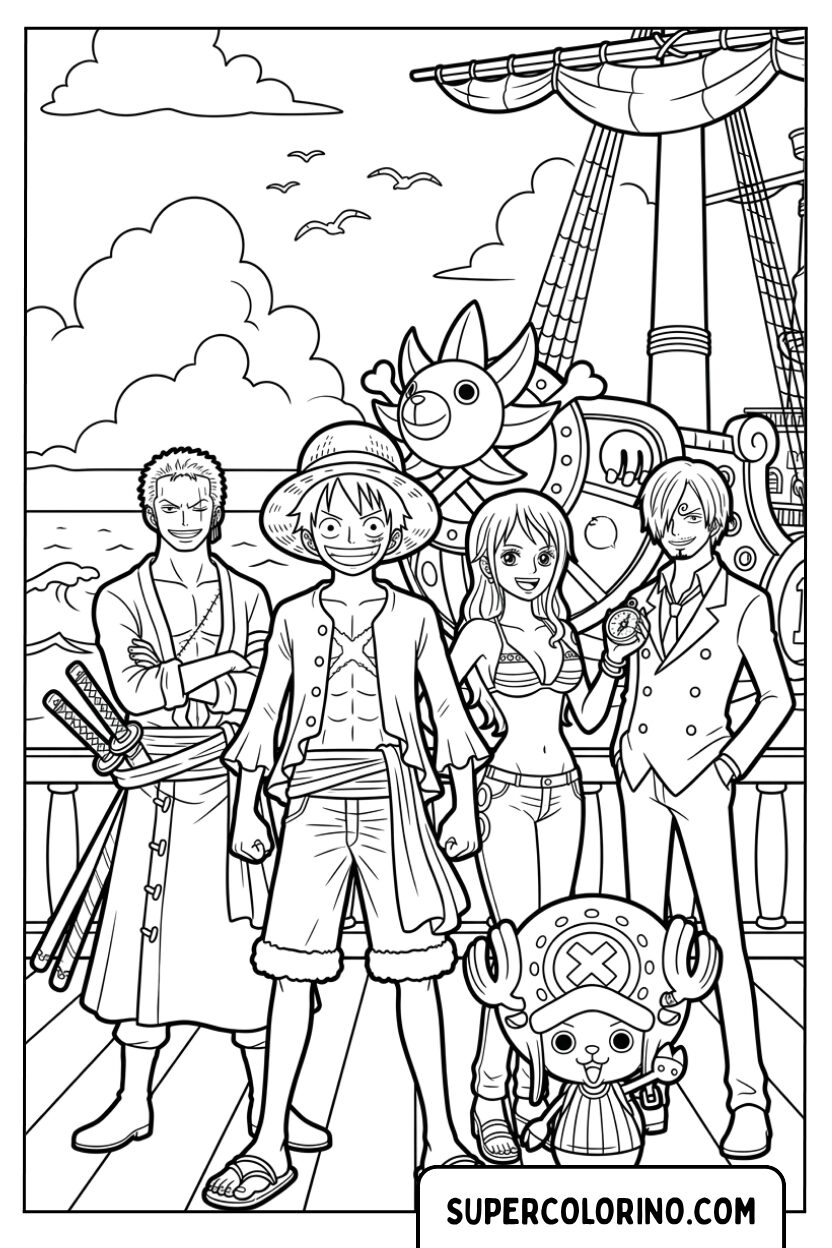 Disegno di Luffy e la ciurma di Cappello di Paglia sulla nave