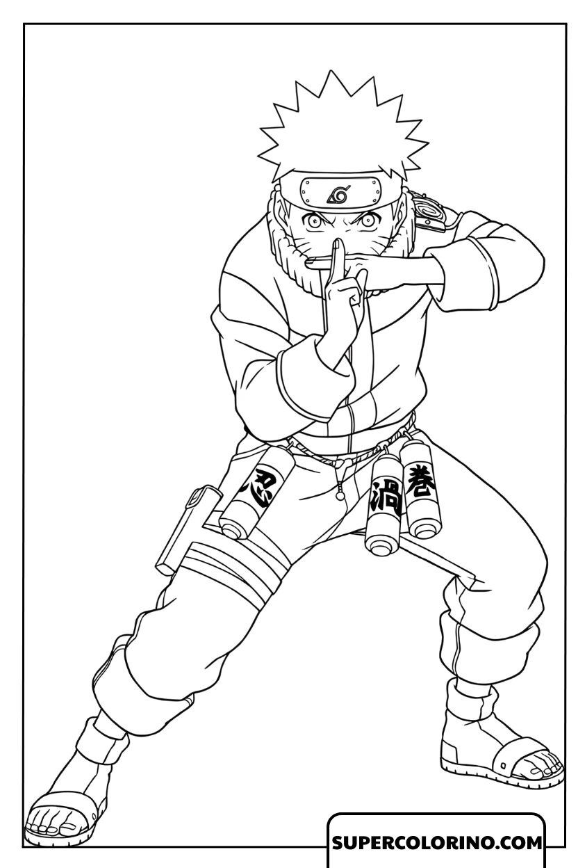 Zeichnung von Naruto Uzumaki, der eine kraftvolle Ninja-Technik ausführt