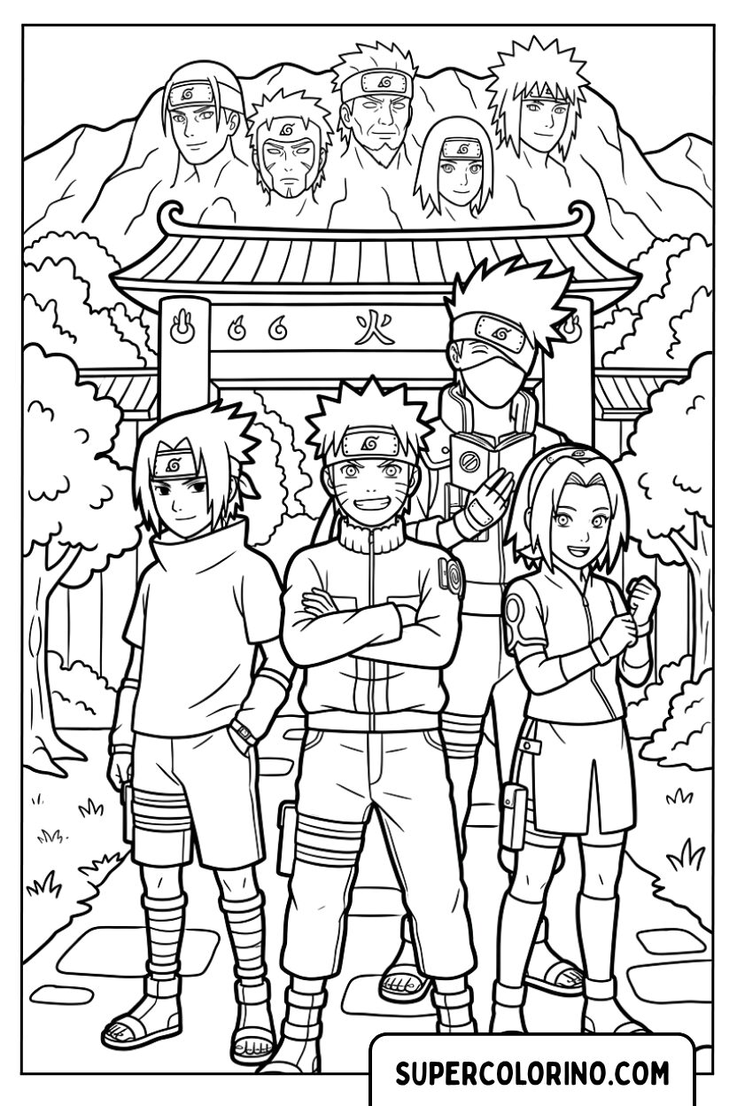 Disegno di Naruto e il Team 7 davanti ai volti dei Hokage da colorare