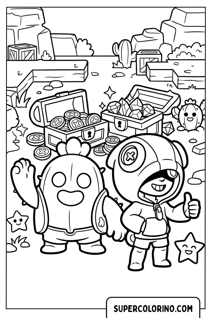 Coloriage de Spike et Leon avec deux coffres au trésor