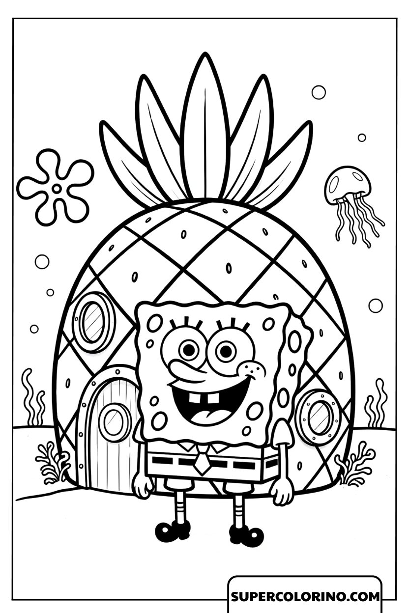 Zeichnung von SpongeBob Schwammkopf vor seinem ananasförmigen Haus