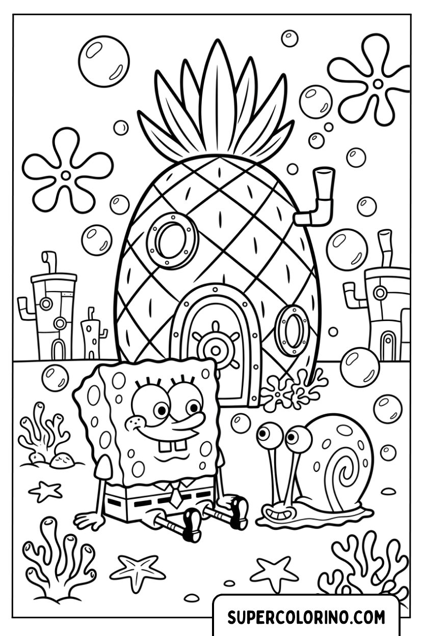 Coloriage de Bob l'Éponge et de l'escargot Gary devant la maison en ananas