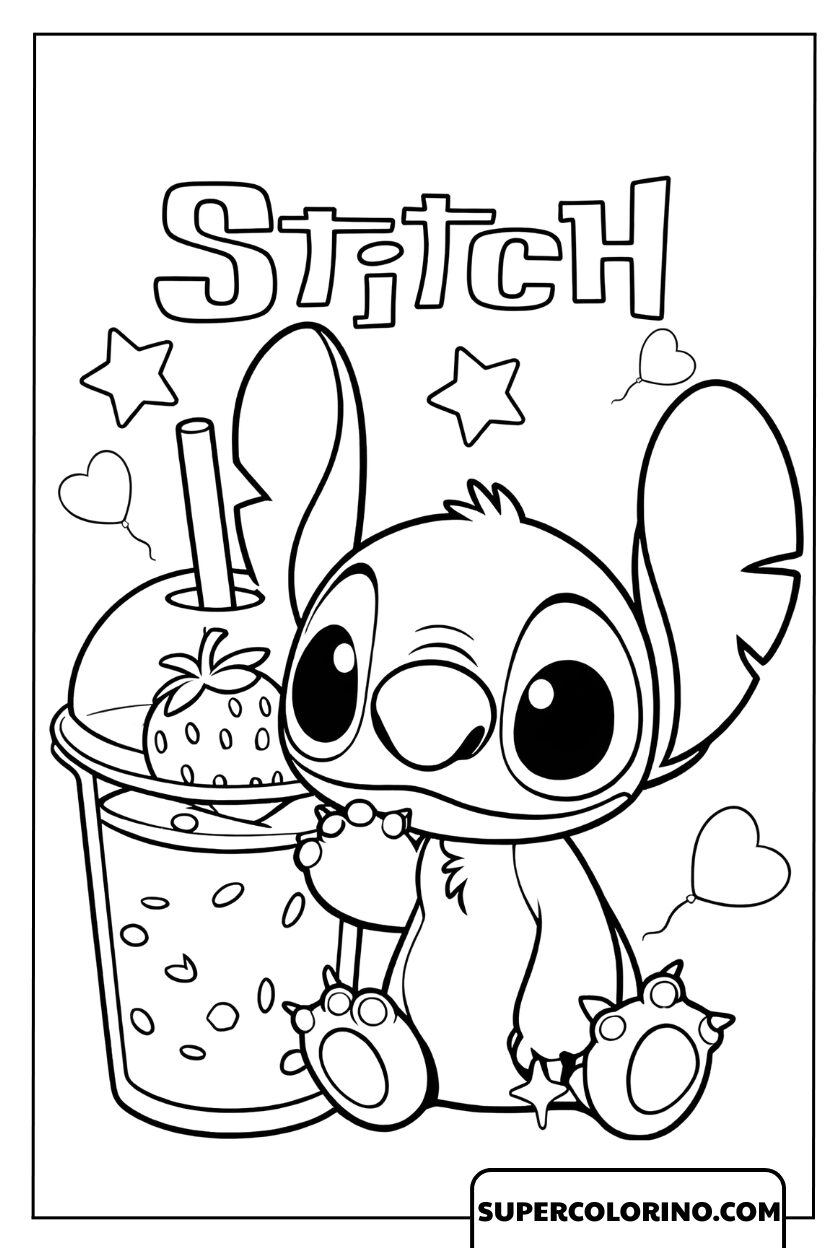Tekening van schattige Stitch met aardbeiensap