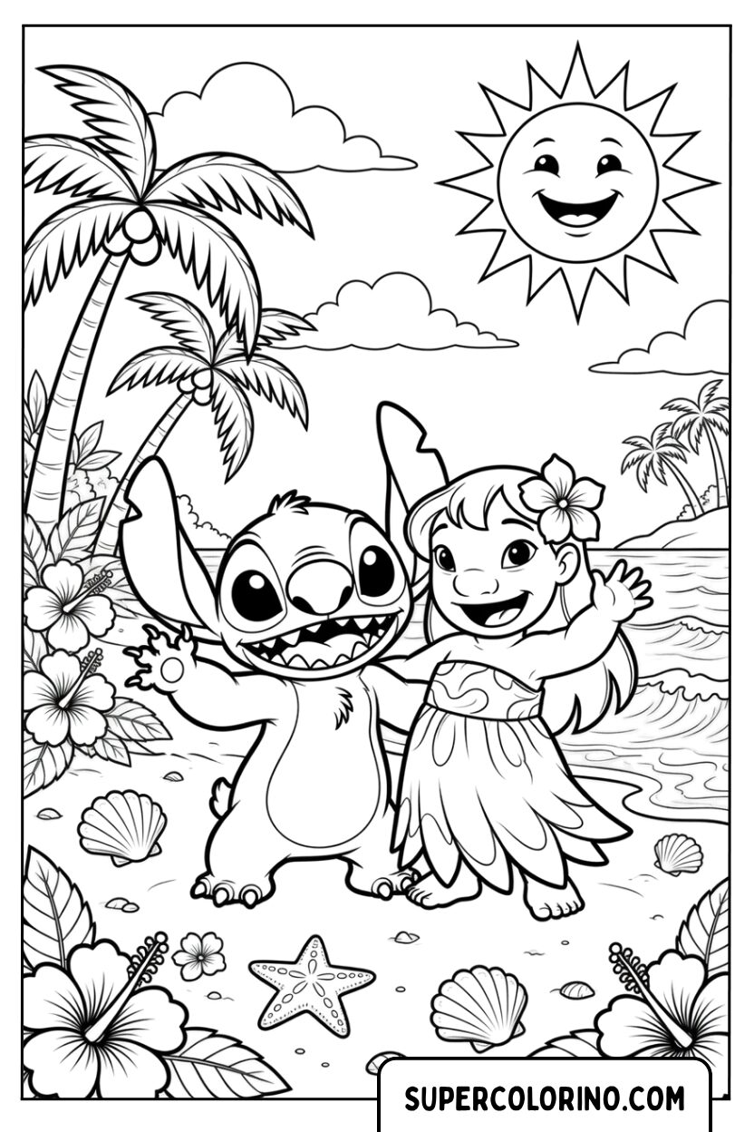Disegno di Stitch e Lilo che ballano felici sulla spiaggia da colorare
