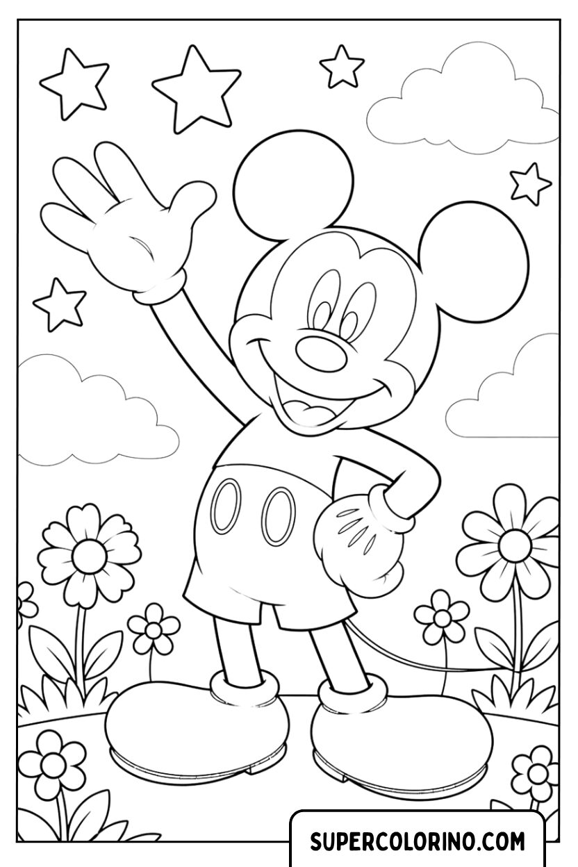 Disegno di Topolino che saluta nel prato fiorito da colorare