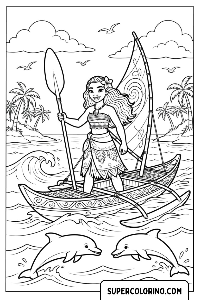 Disegno di Vaiana sulla barca a vela con i delfini da colorare
