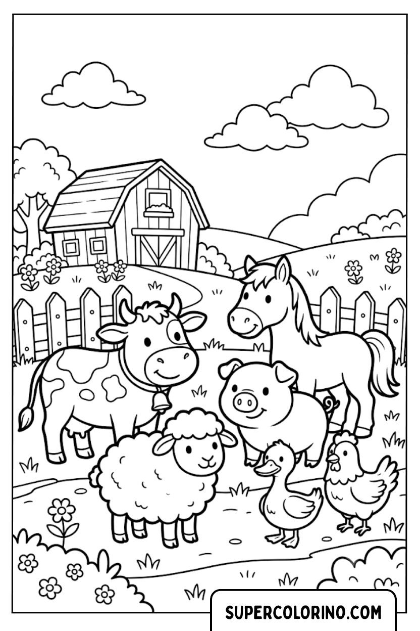 Disegno di animali della fattoria felici da colorare