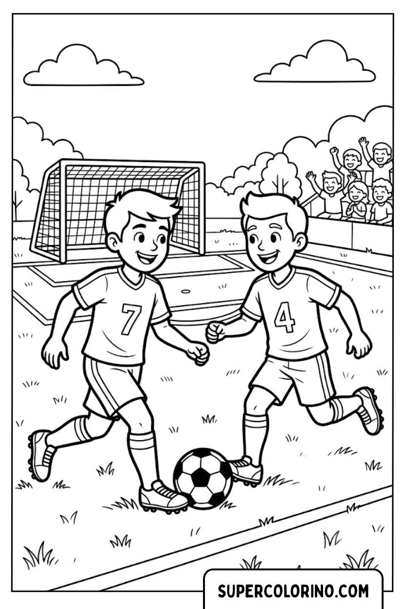 Ausmalbild von zwei Kindern beim Fußballspielen auf dem Spielfeld