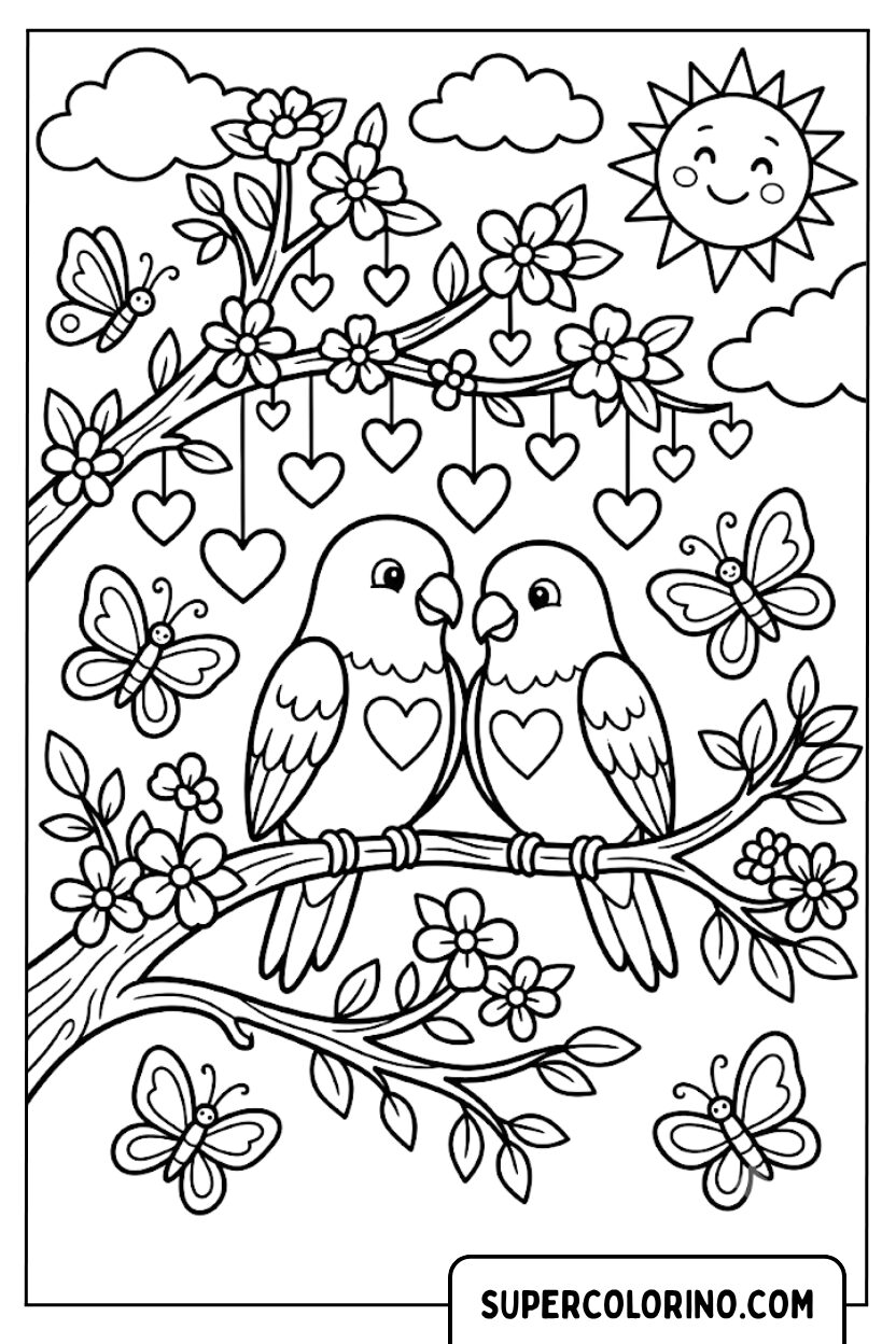 Disegno di due uccellini innamorati sull albero da colorare
