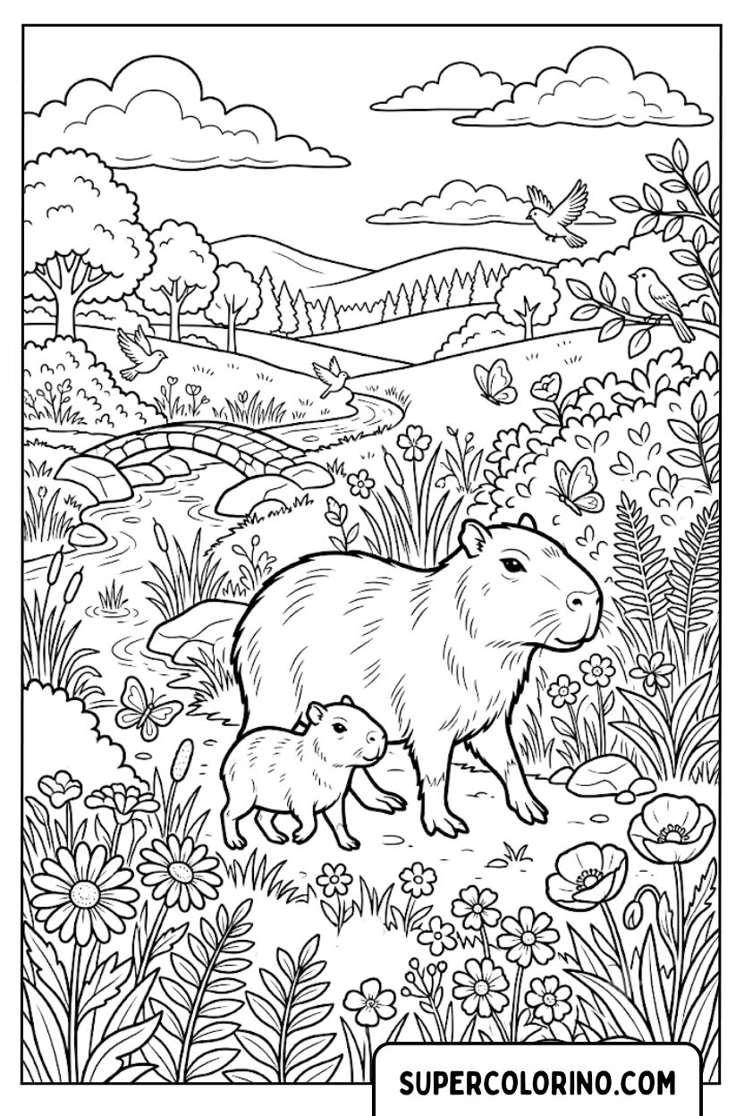 Ausmalbild einer Capybara-Mutter mit ihrem Jungen auf einer Wiese
