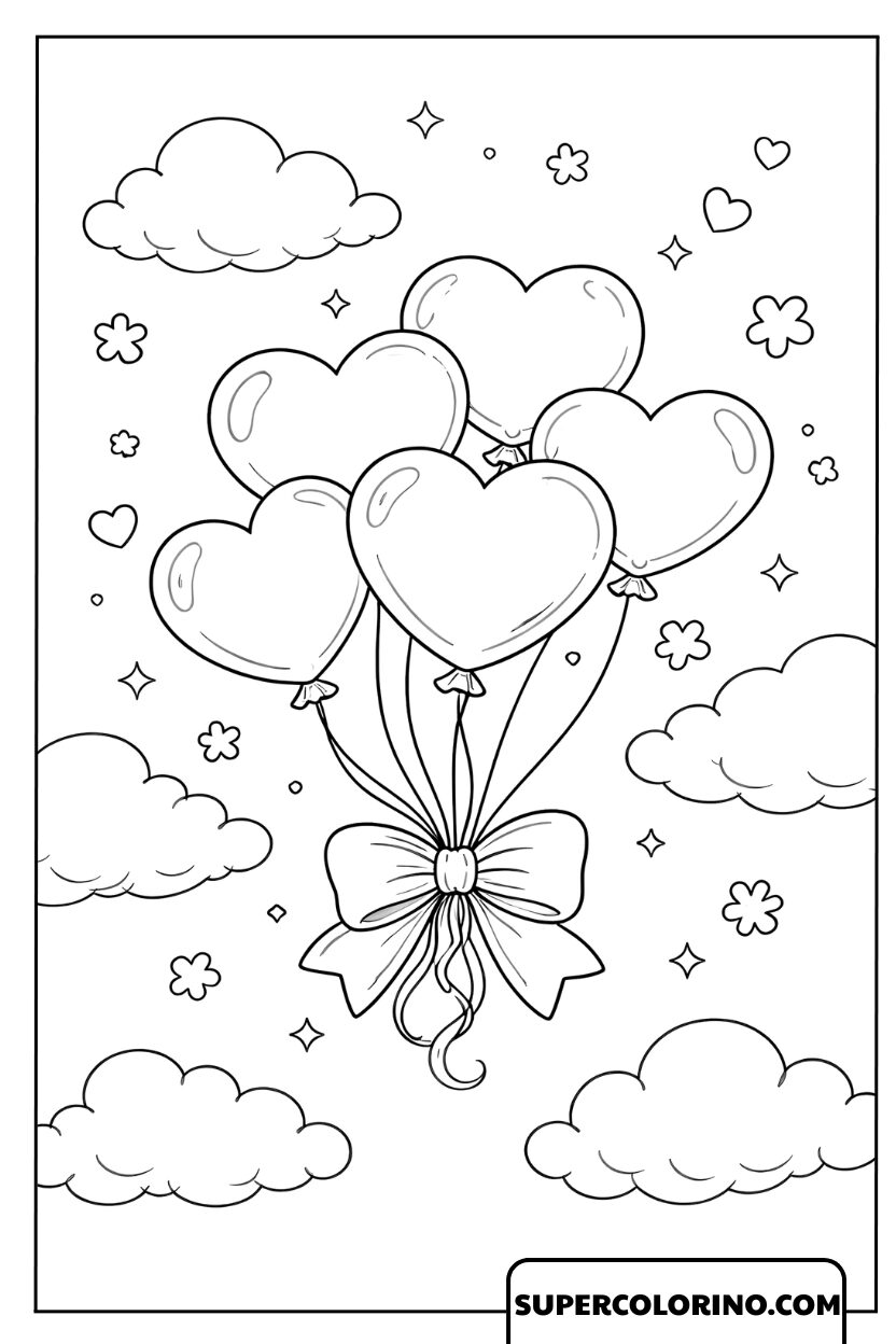 Hartvormige ballonnen in de wolken kleurplaat