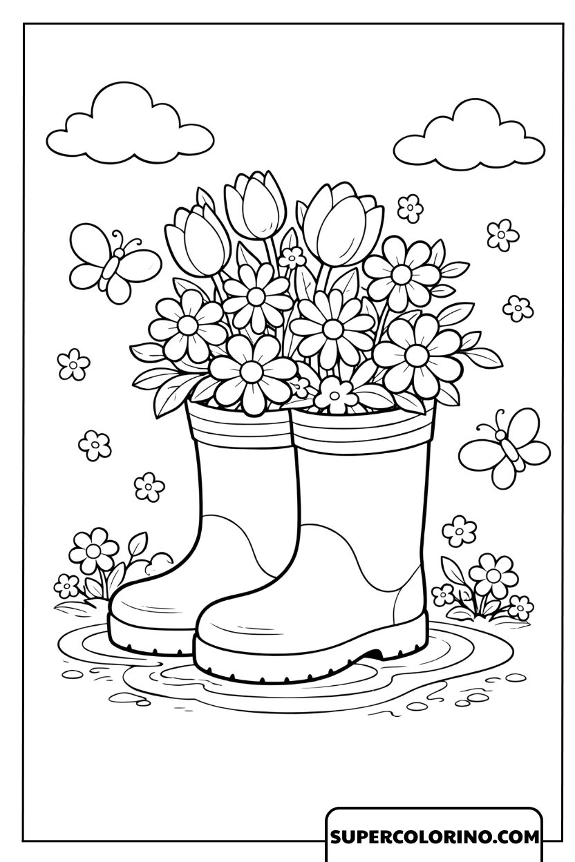 Dessin de bottes de pluie avec des fleurs printanières