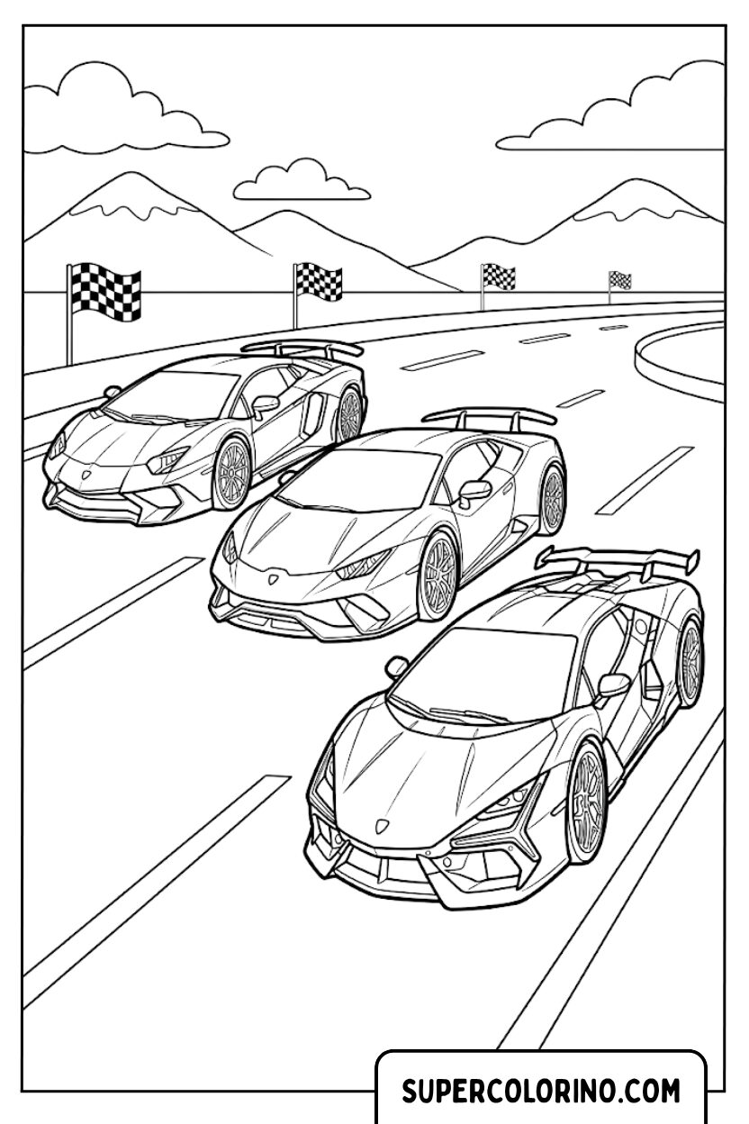 Disegno di tre auto sportive Lamborghini sulla pista da colorare