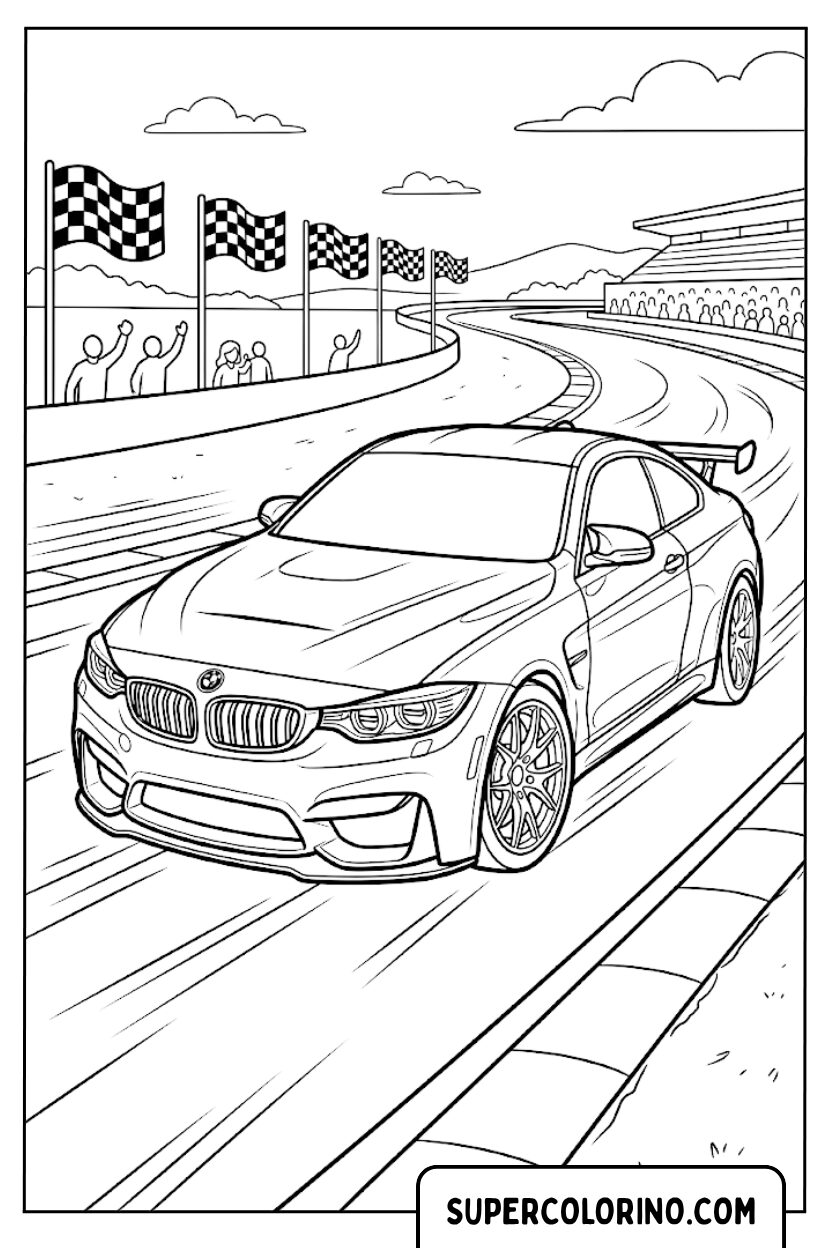 Disegno di un auto da corsa BMW sulla pista da colorare