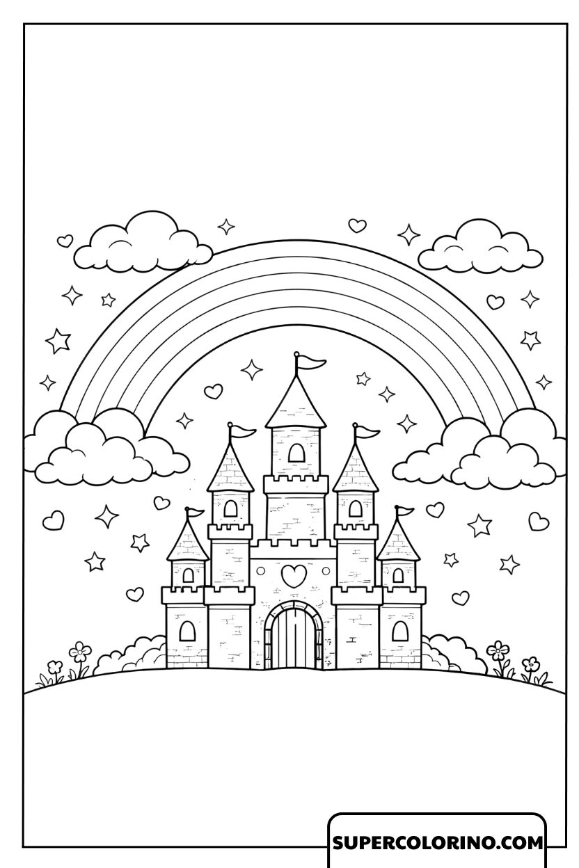 Dessin d'un château de conte de fées sous l'arc-en-ciel