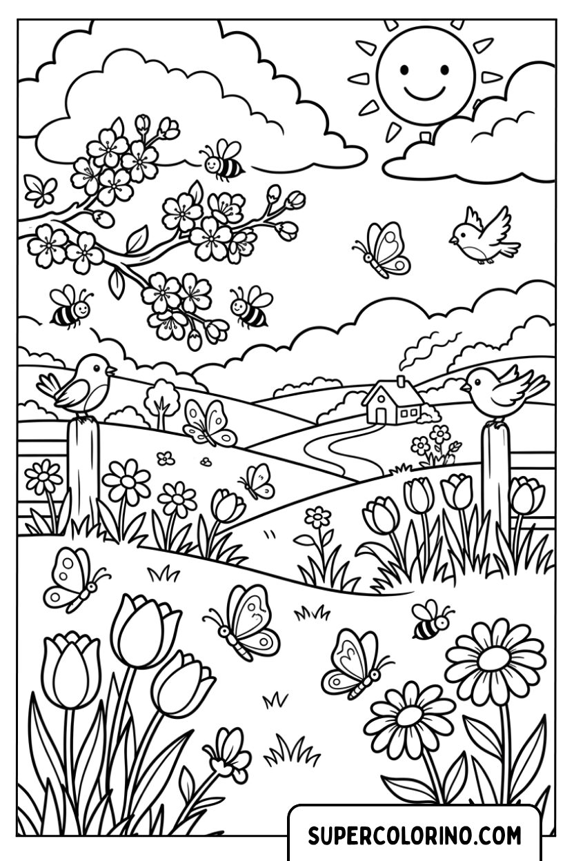 Ausmalbild einer Frühlingslandschaft mit Hügeln und Blumen