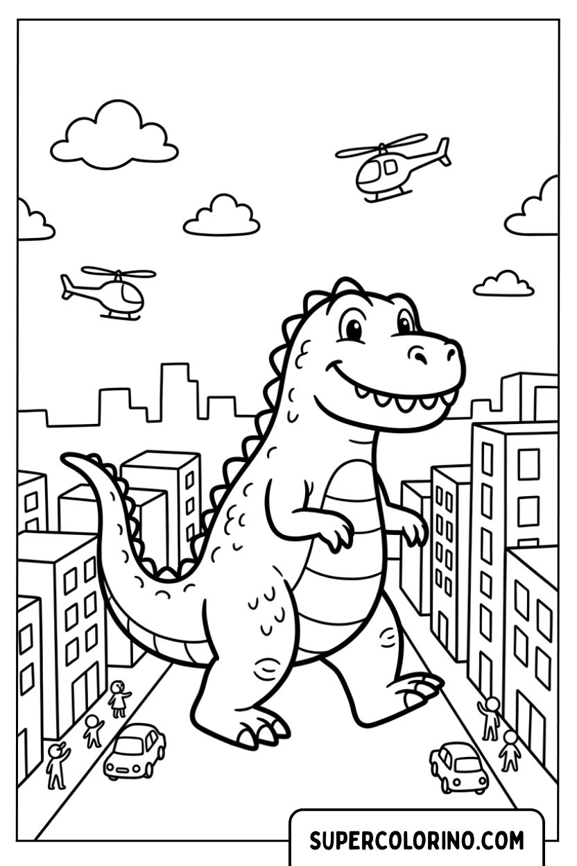 Disegno di un piccolo Godzilla felice in citta da colorare
