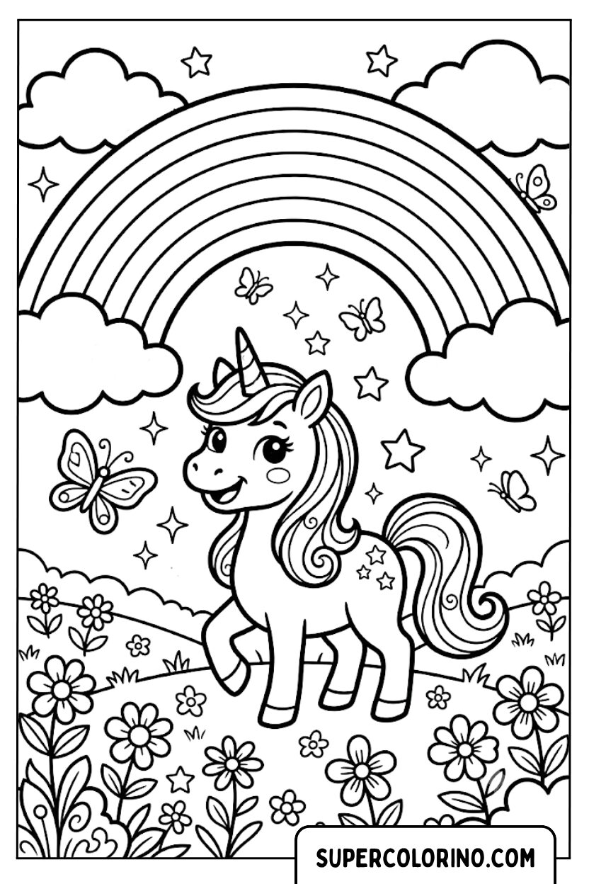 Ausmalbild eines kleinen Einhorns unter einem Regenbogen