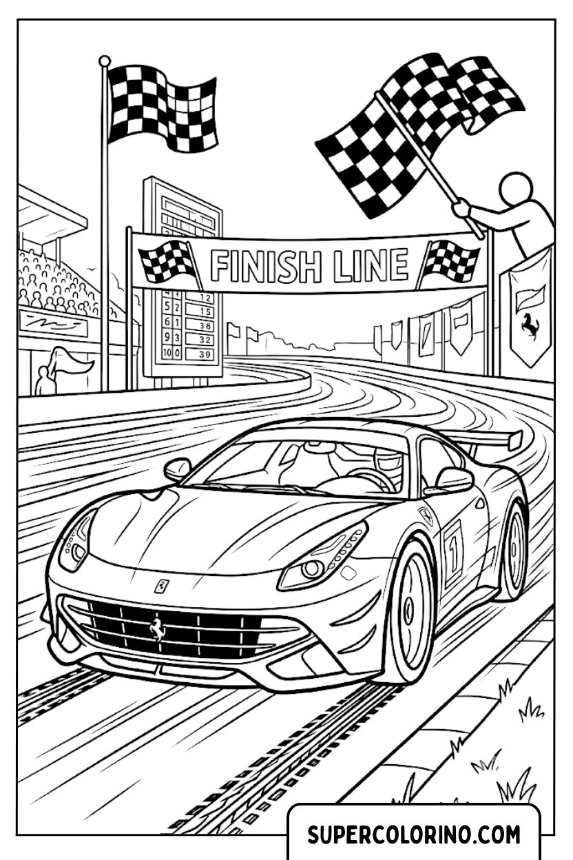Disegno di una Ferrari che attraversa la linea di traguardo da colorare