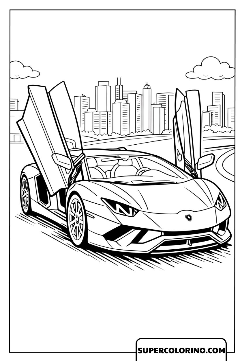 Disegno di una Lamborghini con porte aperte in città