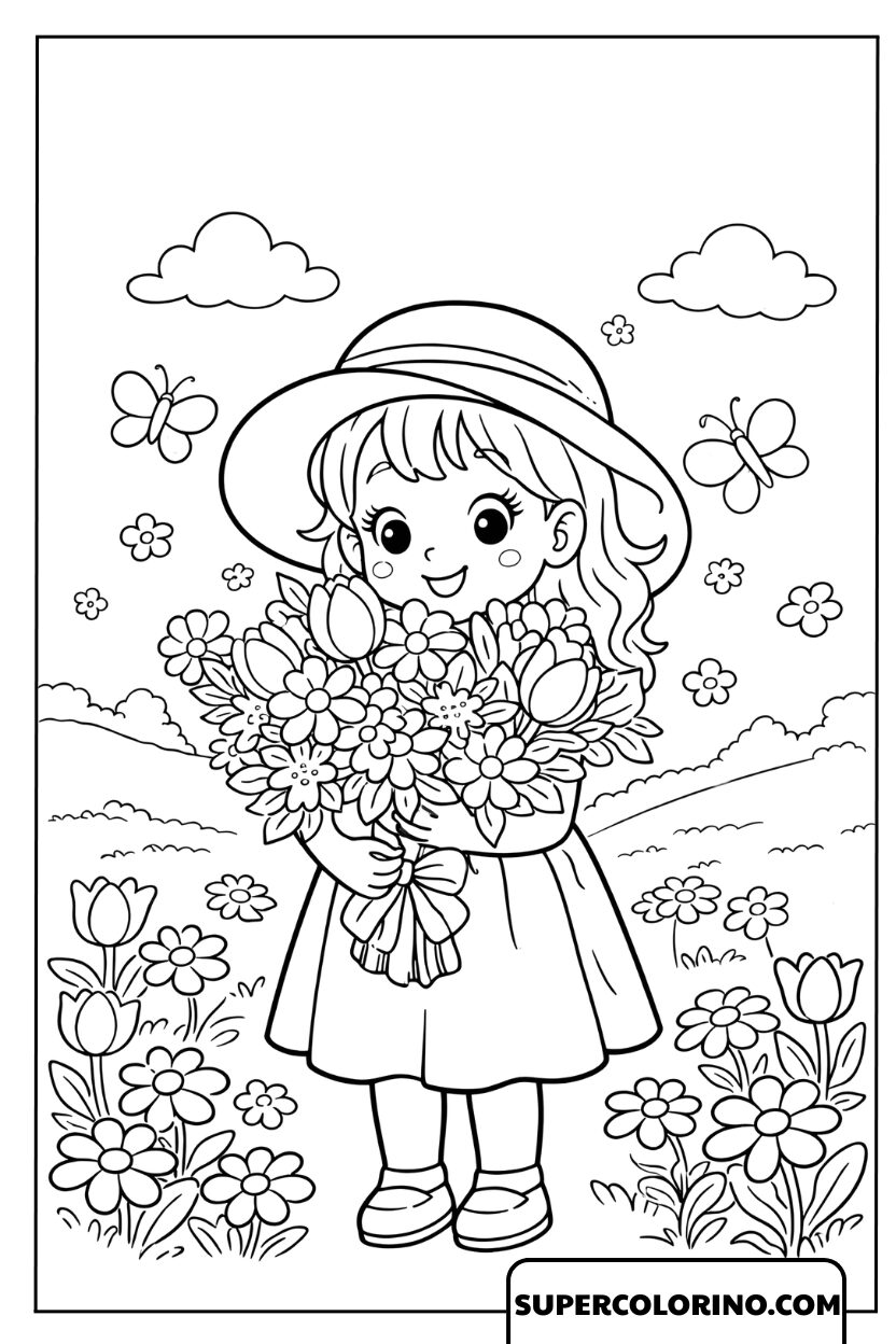Dessin d'une petite fille avec un bouquet de fleurs dans le pré