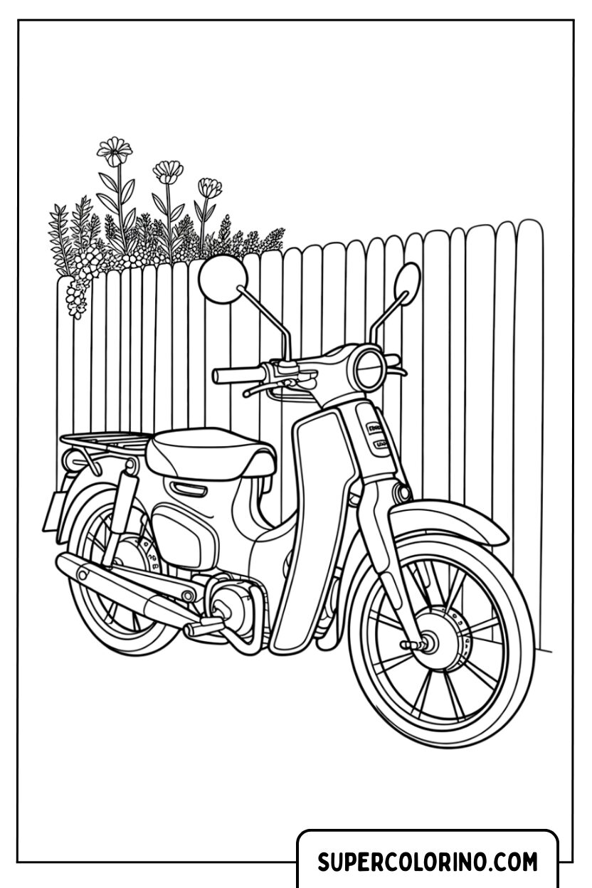 Trottinette classique dans le jardin à colorier