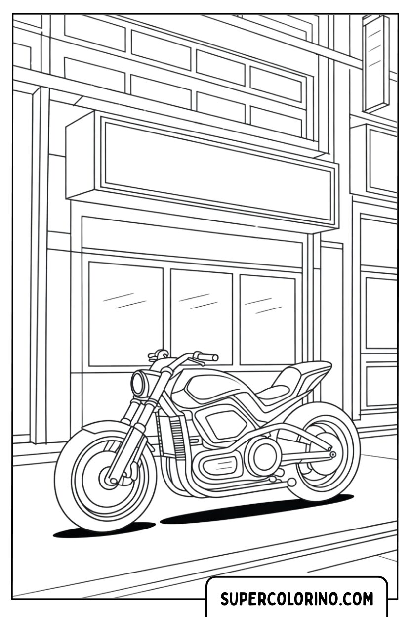 Coloriage de moto moderne dans la ville