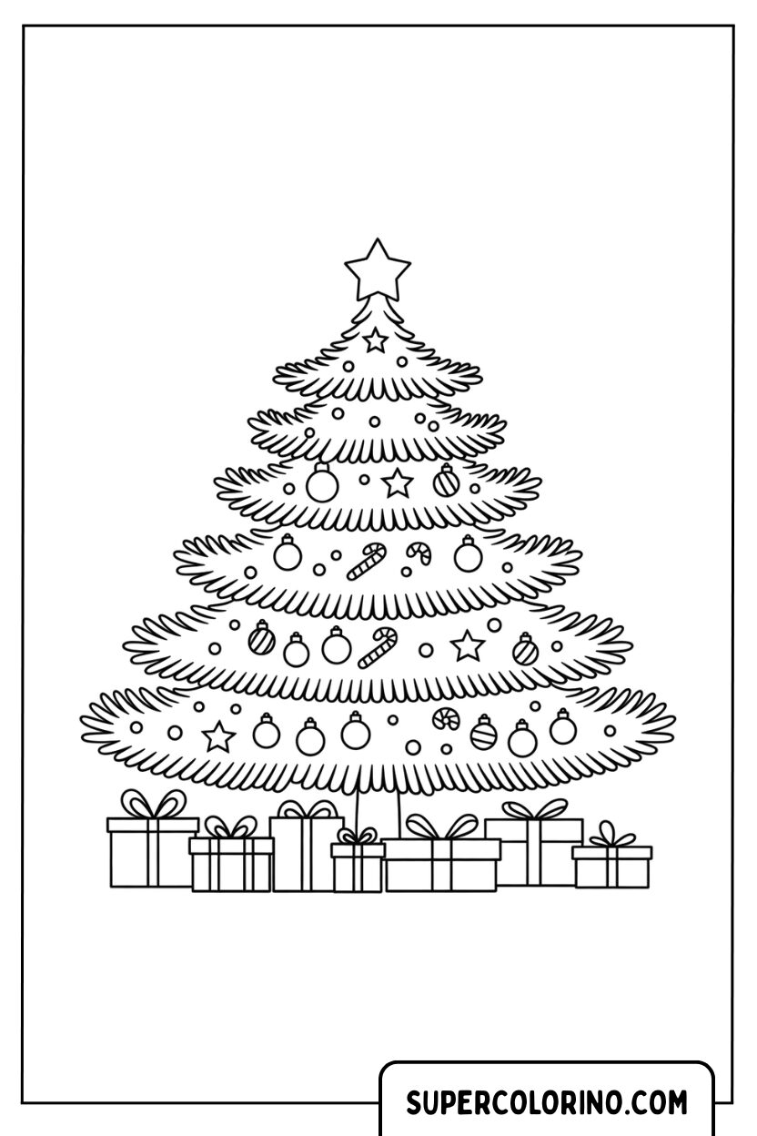 Weihnachtsbaum mit vielen Geschenken zum Ausmalen