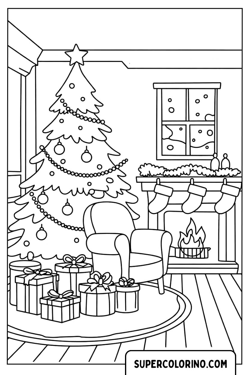 Weihnachtsbaum zum Ausmalen in einem gemütlichen Wohnzimmer