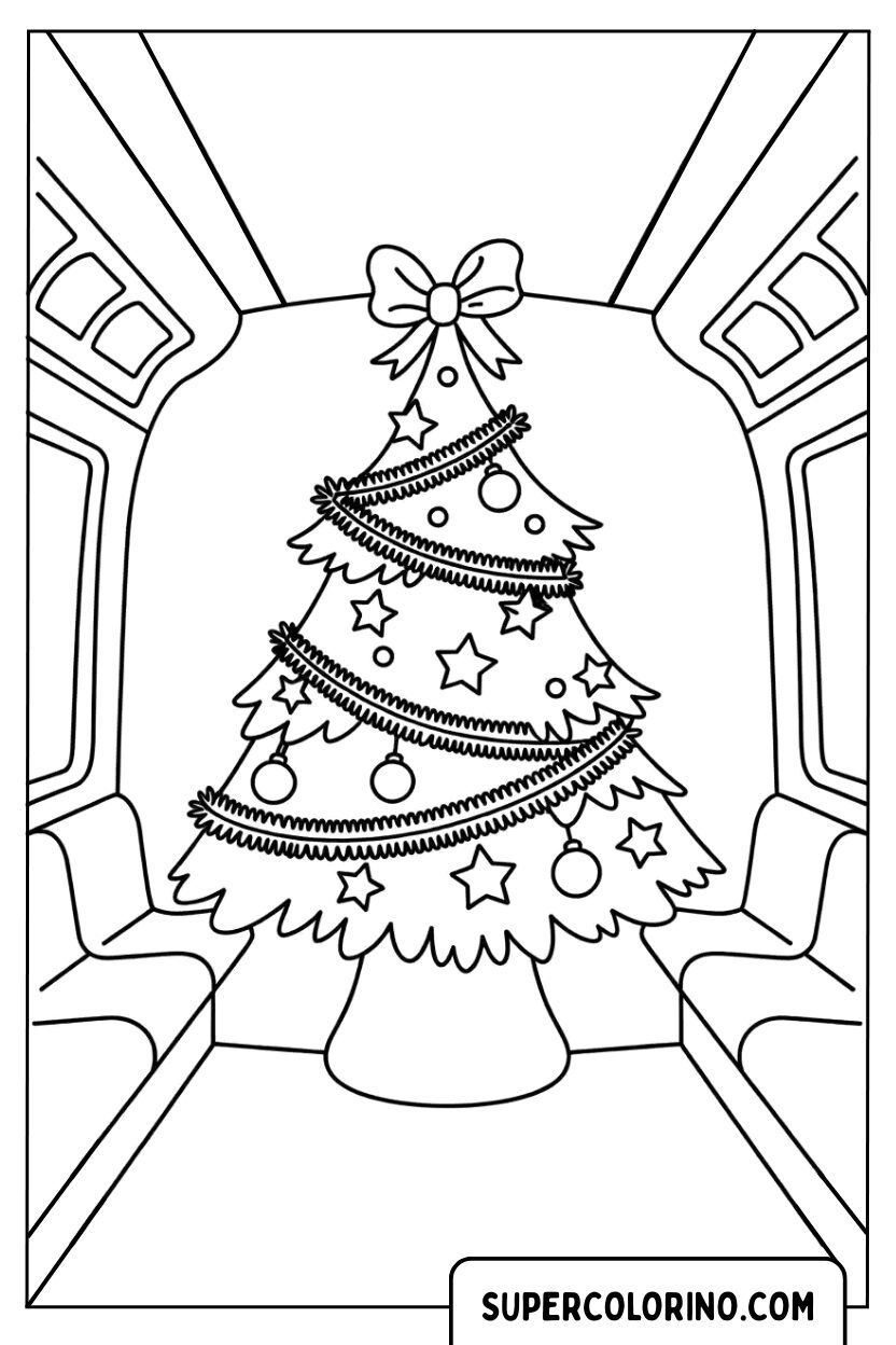 Ausmalbild: Weihnachtsbaum im Zugabteil
