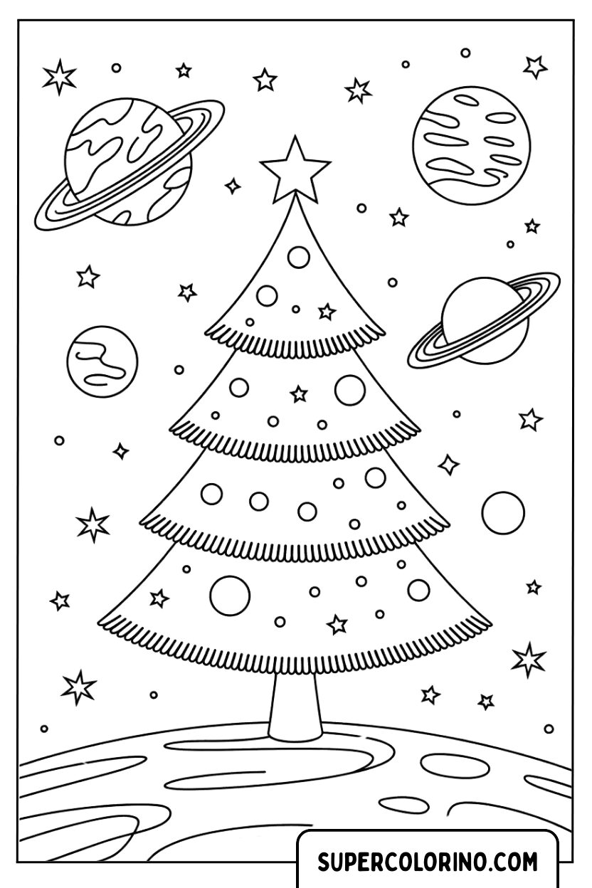 Ausmalbild: Weihnachtsbaum im Weltraum