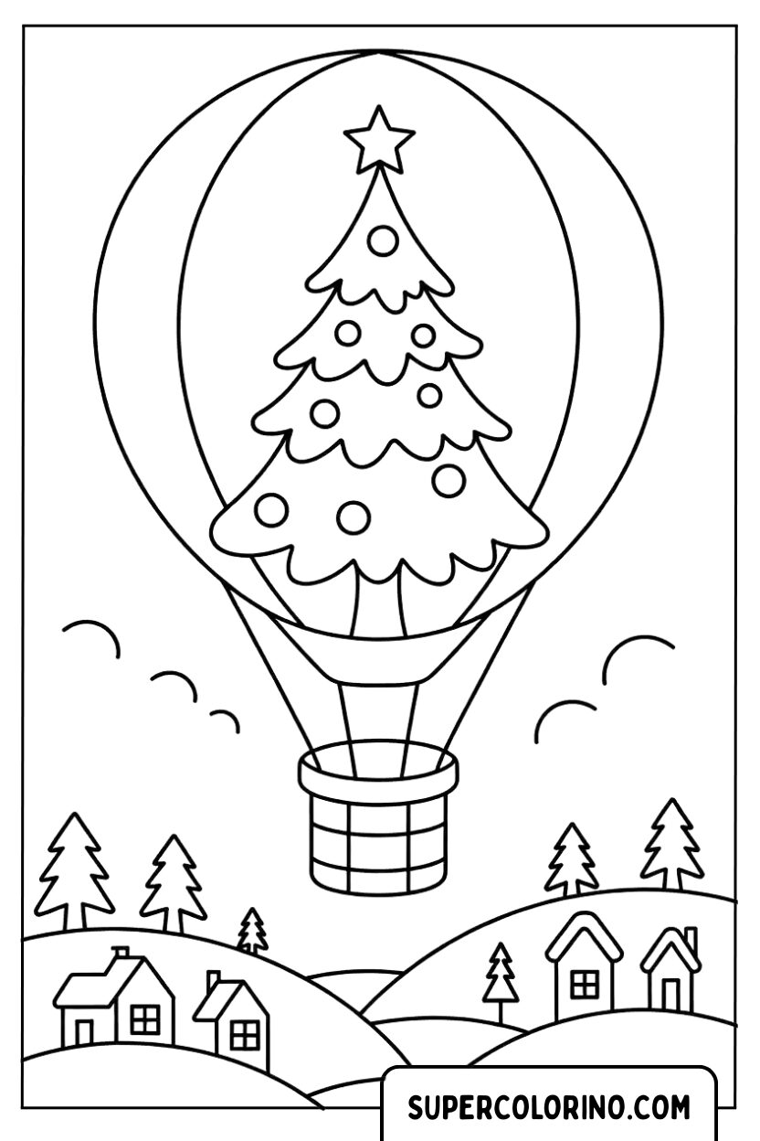 Ausmalbild: Weihnachtsbaum auf einem Heißluftballon