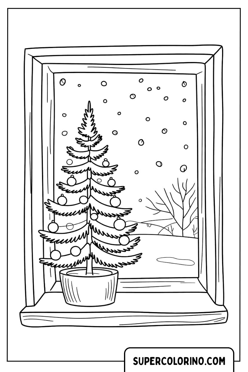 Ausmalbild: Weihnachtsbaum vom Fenster aus gesehen