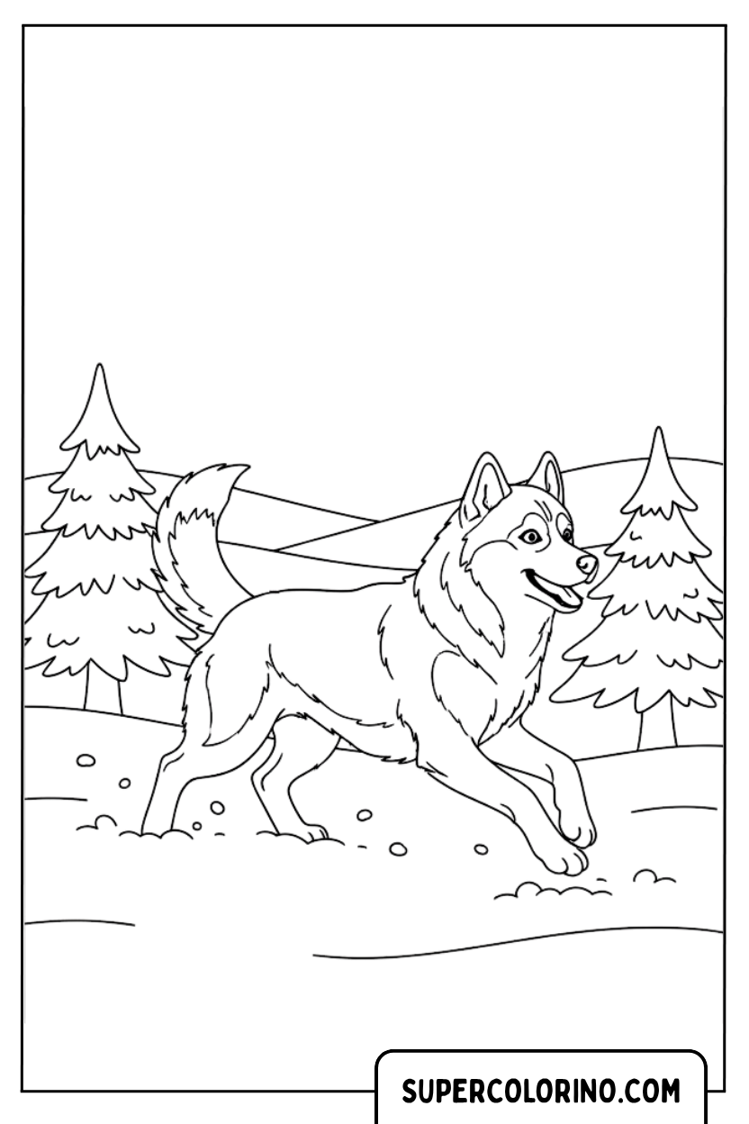 Ausmalbild: Hund läuft im Wald