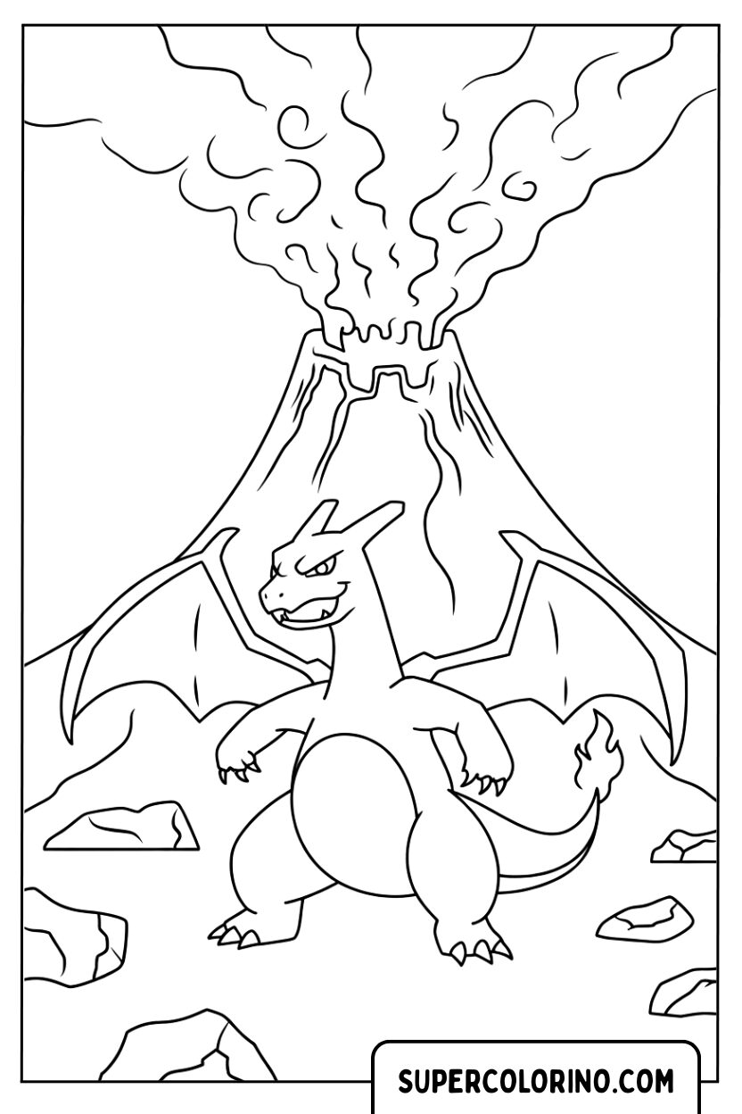 Charizard en vulkaan kleurplaat