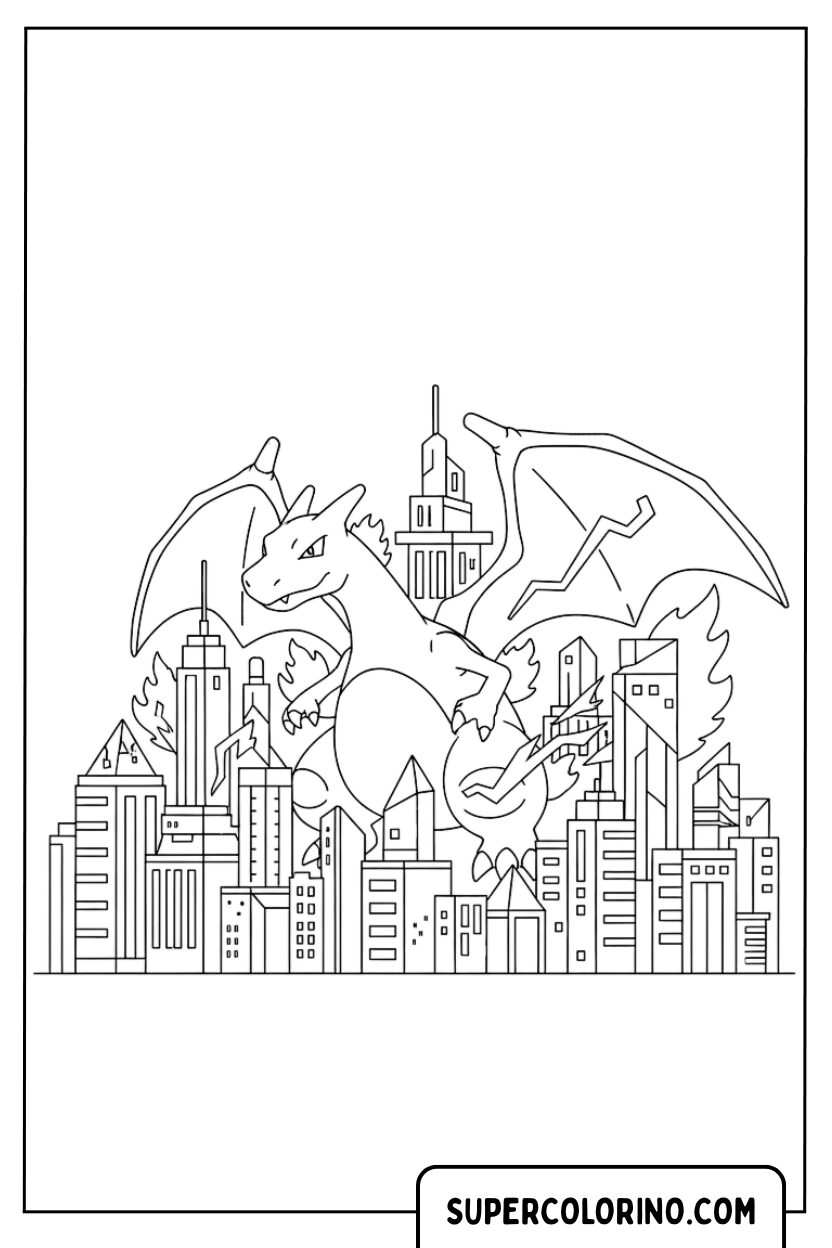 Charizard op de kleurplaat van de stad