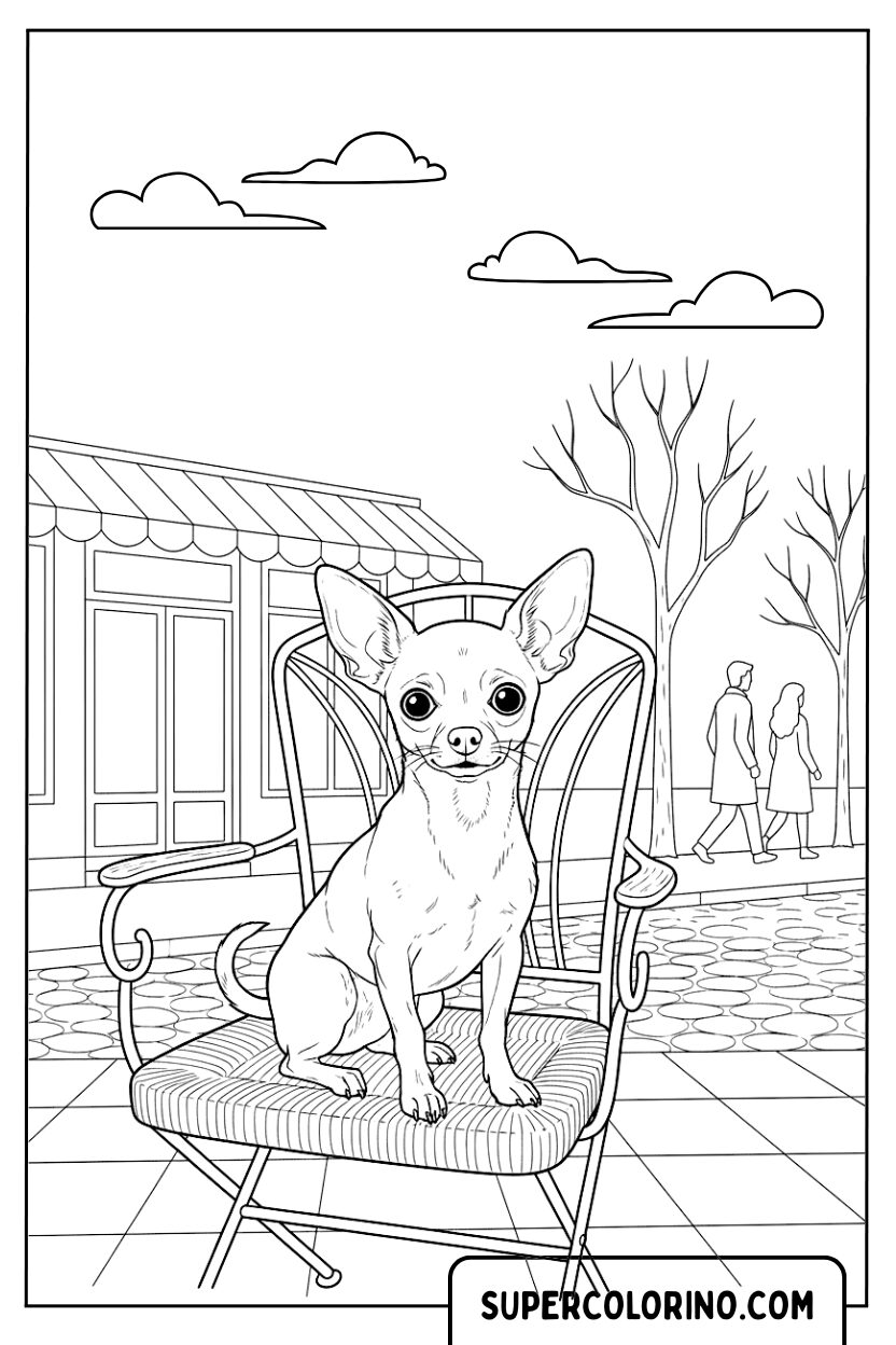 Ausmalbild: Chihuahua auf dem Stuhl