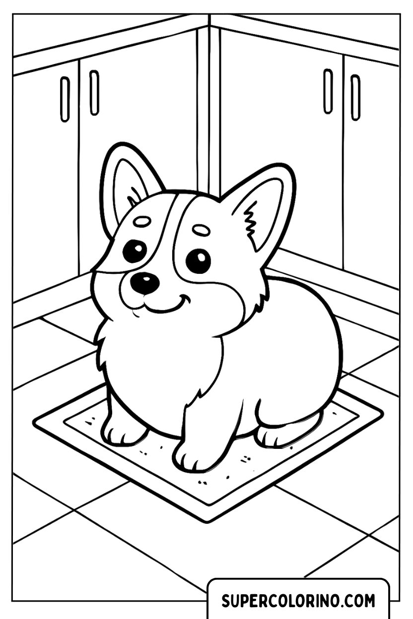 Ausmalbild: Corgi sitzt in der Küche