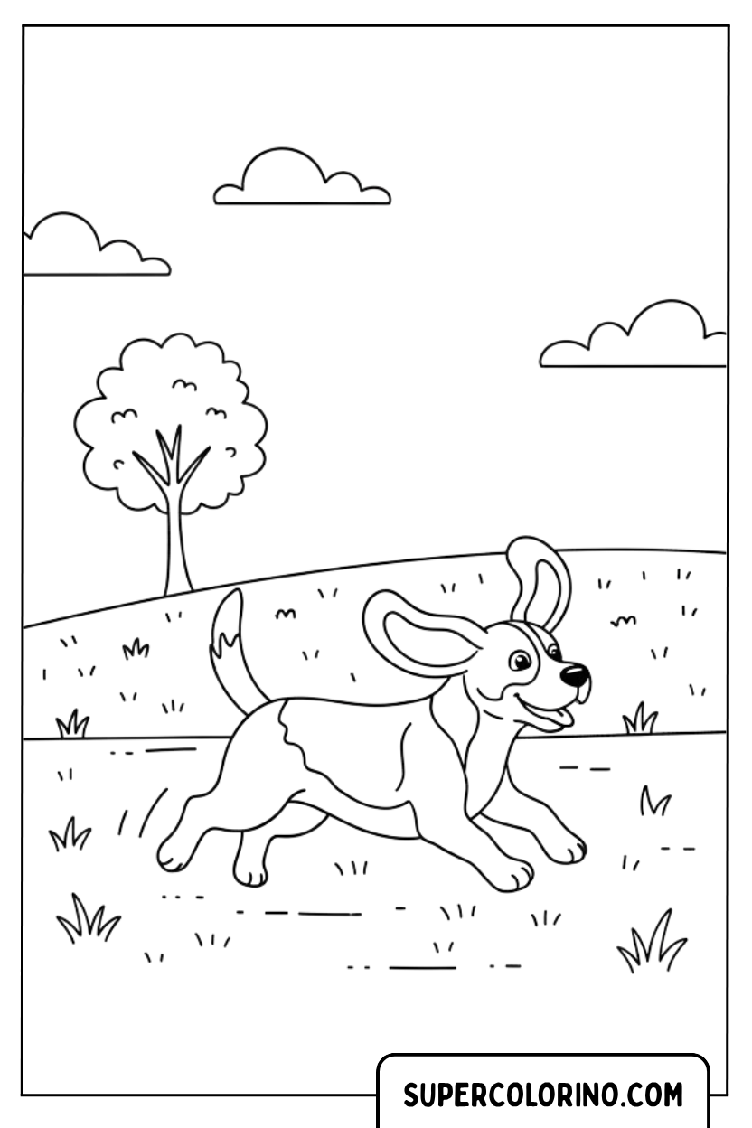 Ausmalbild: Welpe läuft auf dem Gras