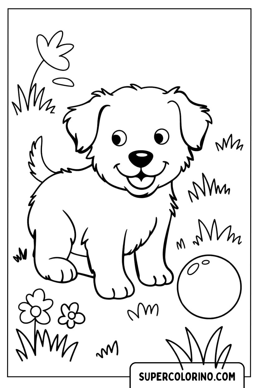 Ausmalbild: Welpe spielt mit Ball