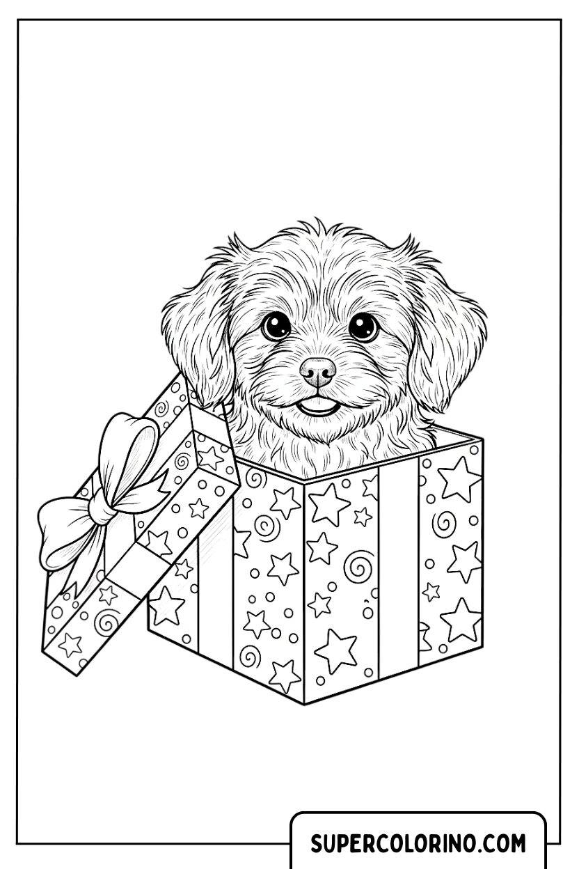 Welpe in der Geschenkbox zum Ausmalen