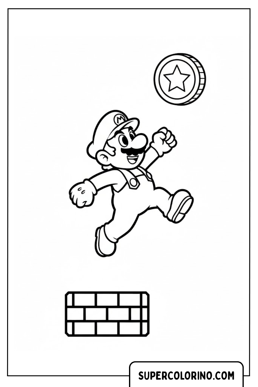 Kleurplaat Mario springt om de munt te pakken