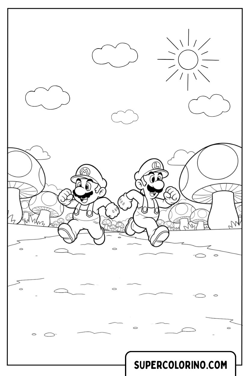 Kleurplaat Mario en Luigi rennen samen