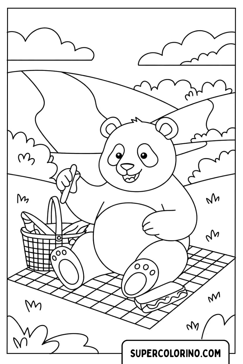 Disegno da colorare Panda al picnic