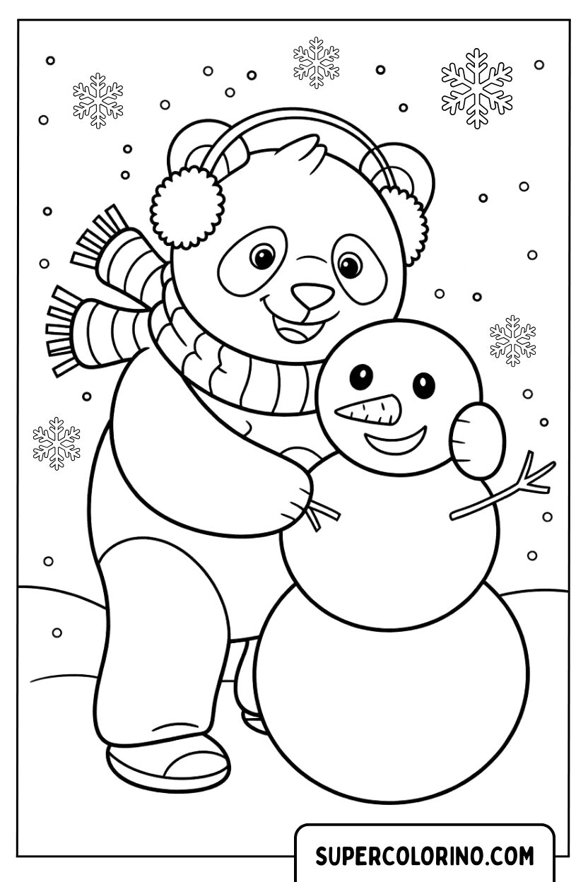Disegno da colorare Panda che costruisce un pupazzo di neve