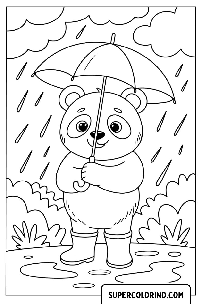 Disegno da colorare Panda con ombrello sotto la pioggia