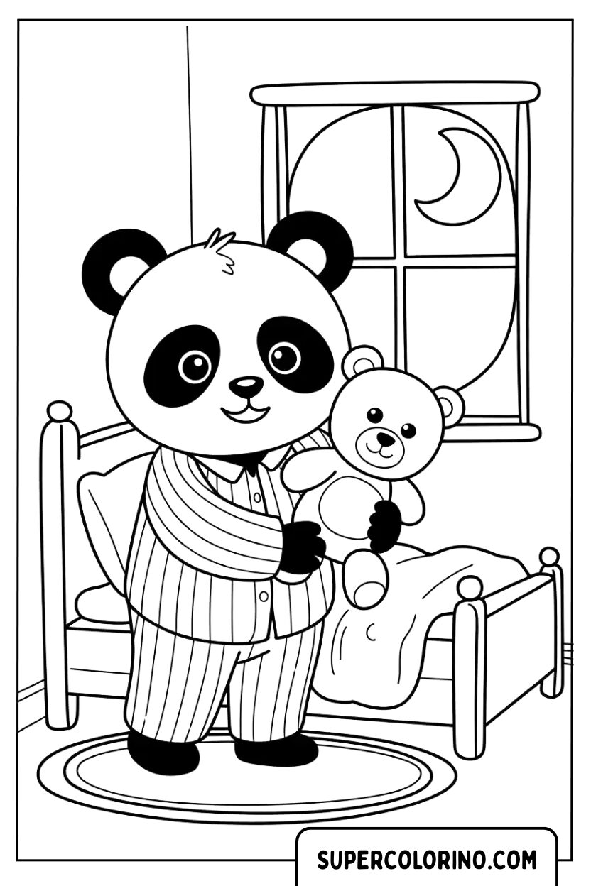 Disegno da colorare Panda della buonanotte con peluche