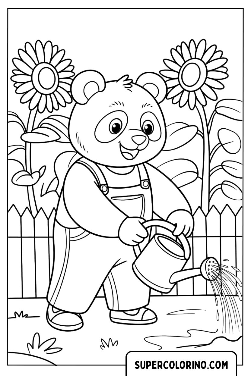 Disegno da colorare Panda nel giardino dei girasoli
