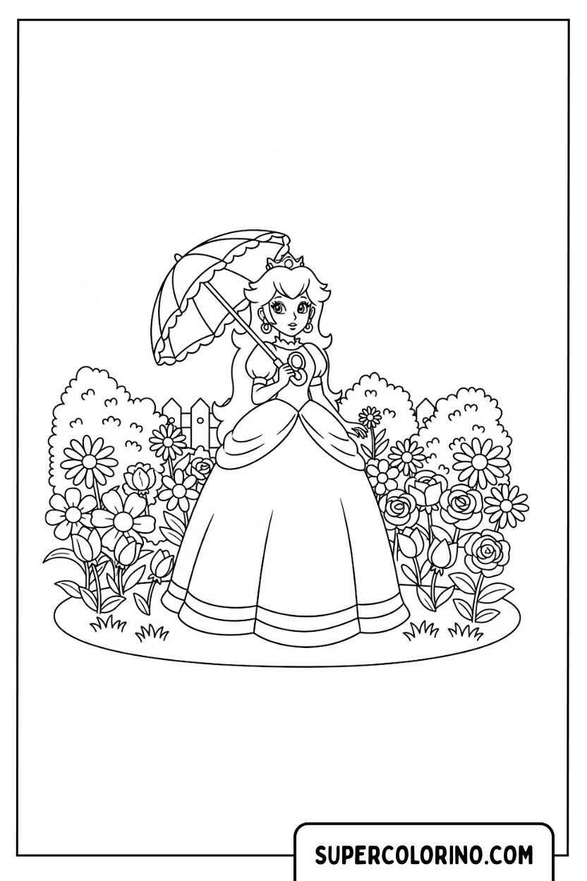 Kleurplaat Prinses Peach in de bloementuin